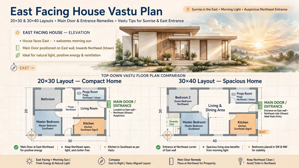 East facing house vastu plan 20x30 and 30x40 layouts with main door entrance remedies and sunrise in east