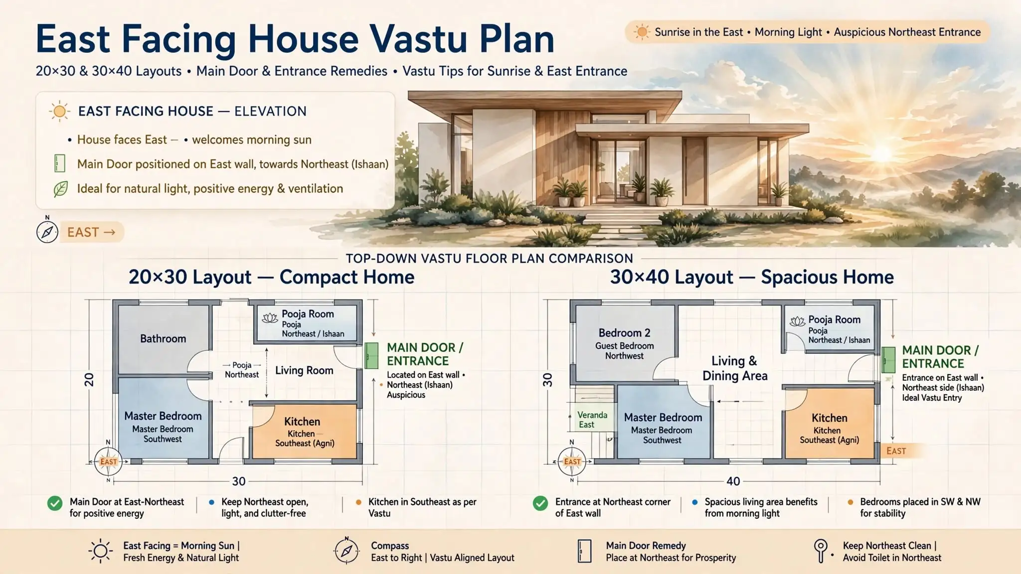 East facing house vastu plan 20x30 and 30x40 layouts with main door entrance remedies and sunrise in east