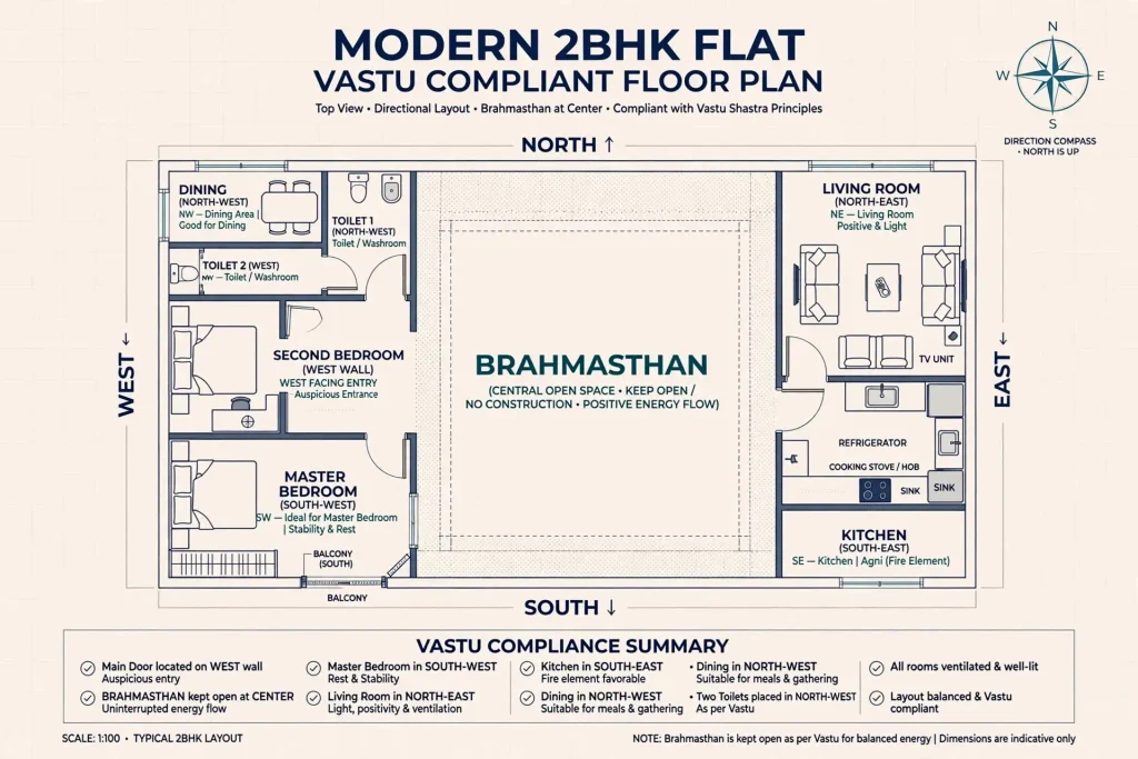 Modern 2BHK flat Vastu compliant floor plan with Brahmasthan center open