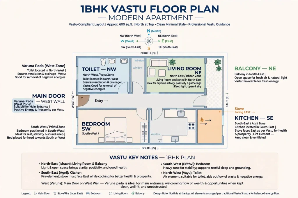 1BHK flat Vastu floor plan with main door in Varuna pada west wall
